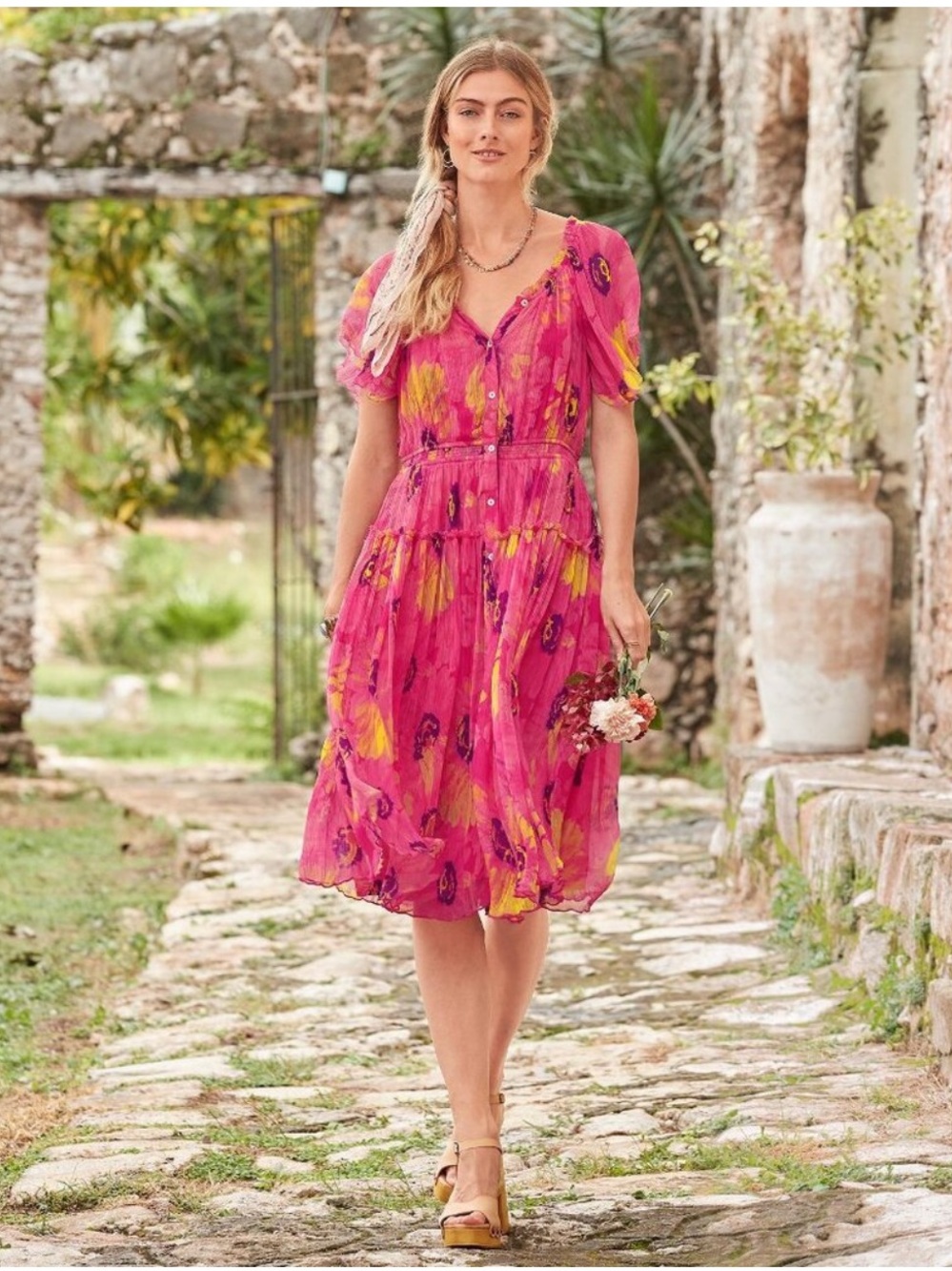 Sundance Cressida Day Dress Pink Midi Tiered Size Medium